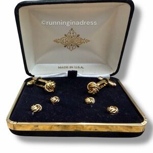 Vintage New 6-Piece Gold Love Knot Tuxedo Cufflink & Stud Set Made in USA